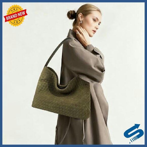 Woven Suede Tote Bag with Top Handle, Fits 13-Inch Laptop, Vegan Leather Hobo - Picture 4 of 8